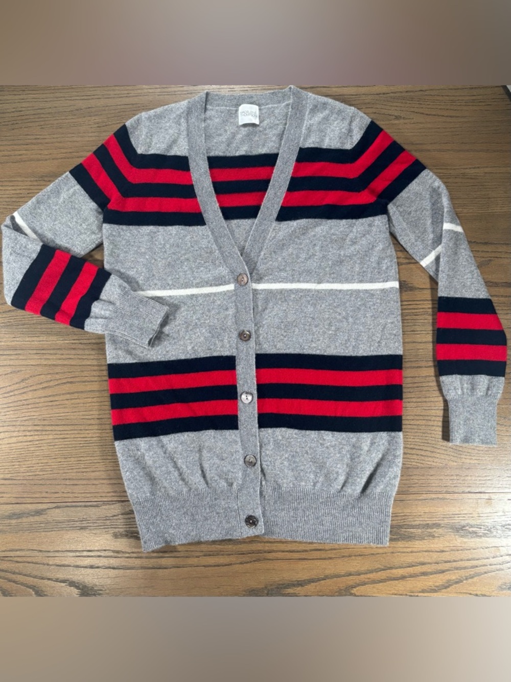 Madeleine Thompson 100% Cashmere Striped Cardigan Gray Red Navy Women’s Size M